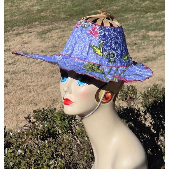 VTG Collapsible Bamboo Travel Hat Folding Packable Sun Hat Blue Floral Batik